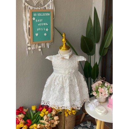 [0-6M]PRINCESS BABY GOWN 855- WITH HEADBAND + SOCKS - 